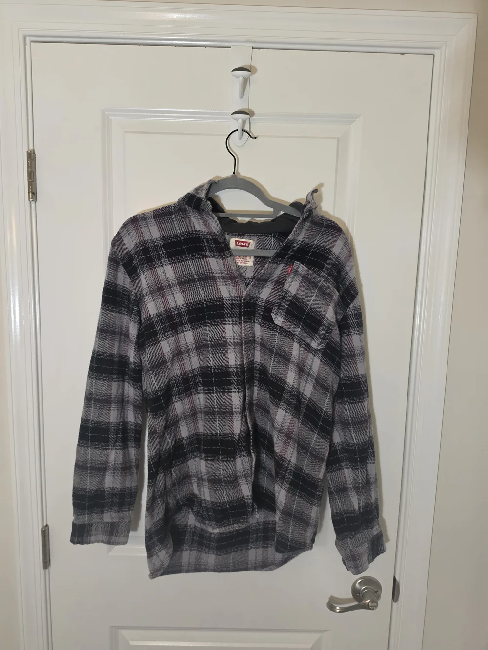 Levi's Men's Plaid Hooded Flannel Shirt Jacket Hoodie Gray/Black/Red Size XL